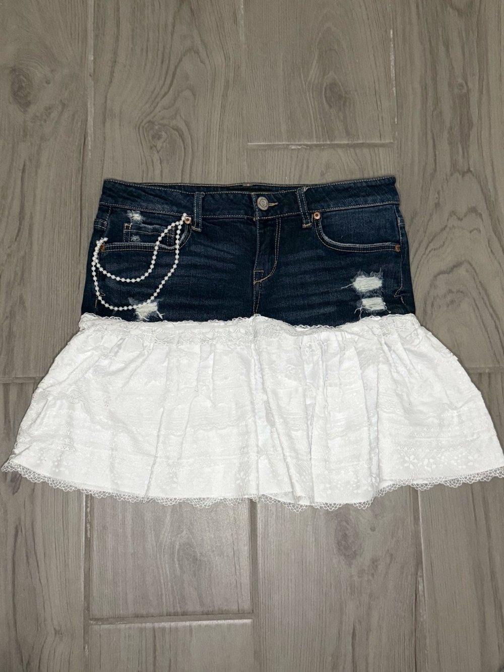 Denim and White Lace Tiered Mini Skirt